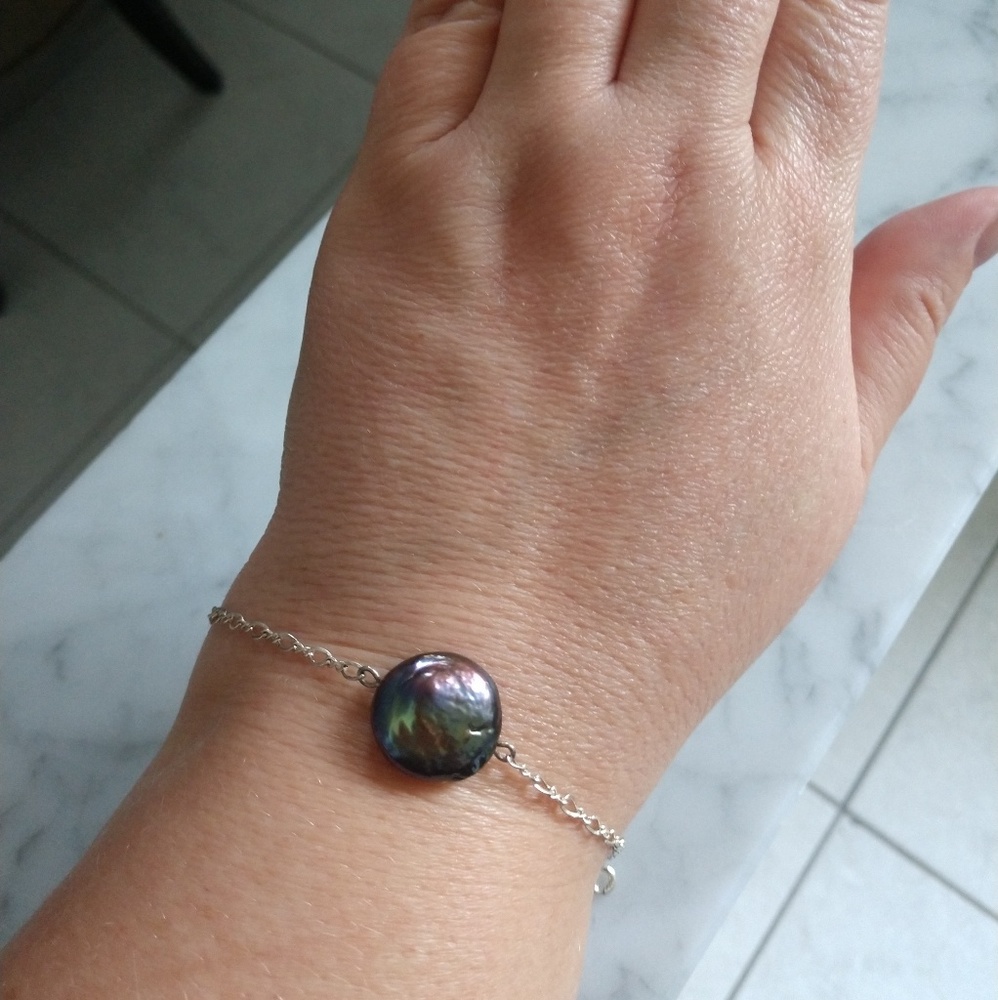 Black coin pearl sterling bracelet- layering!